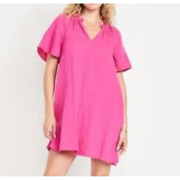 Old Navy Dresses & Skirts - Old Navy  L Pink Cotton Pockets Flutter Sleeves Crinkle Gauze Mini Swing Dress